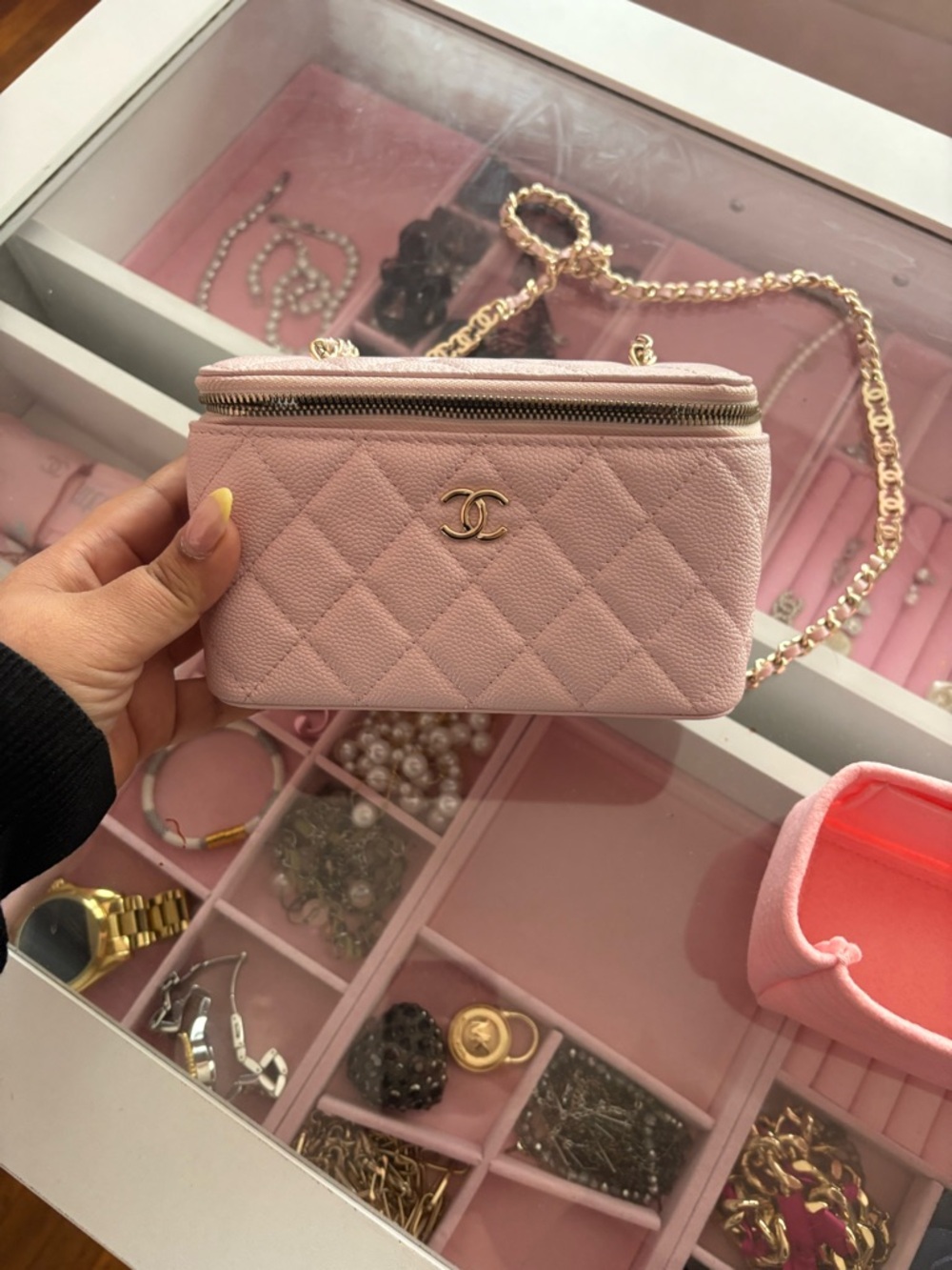 Light Pink Quilted Vanity Crossbody with Gold CC Charm